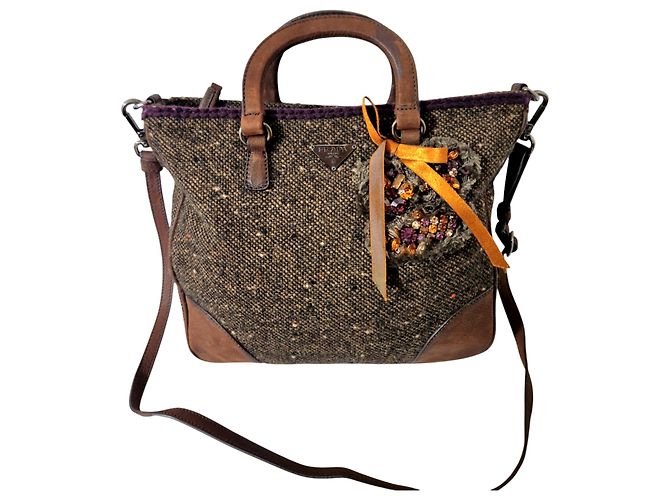 Borsa Prada in tweed e pelle marrone Marrone scuro