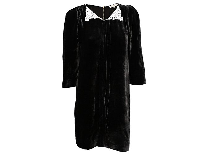 Sandro Mini-Kleid aus Samtseide mit schwarzem Spitzenkragen Größe 1 Weiß