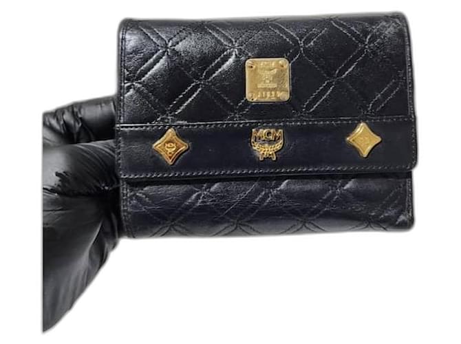 MCM Vintage Quilted Leather Printed Wallet Black 
