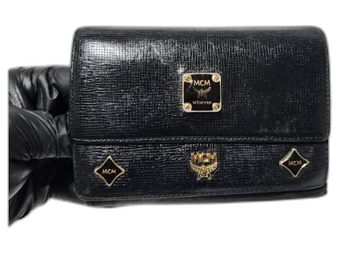 MCM Vintage Calfskin Embellished Card Holder/Wallet Black 