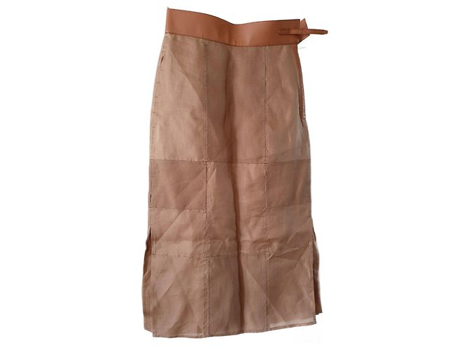Falda Hermès de seda y cuero Camel Talla 34 Camello