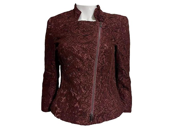 Marc Cain Chaqueta de estilo biker de encaje en burdeos