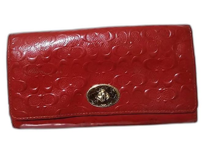 Coach Slim Envelope Signature Embossed Patent Leather Wallet On Chain Red