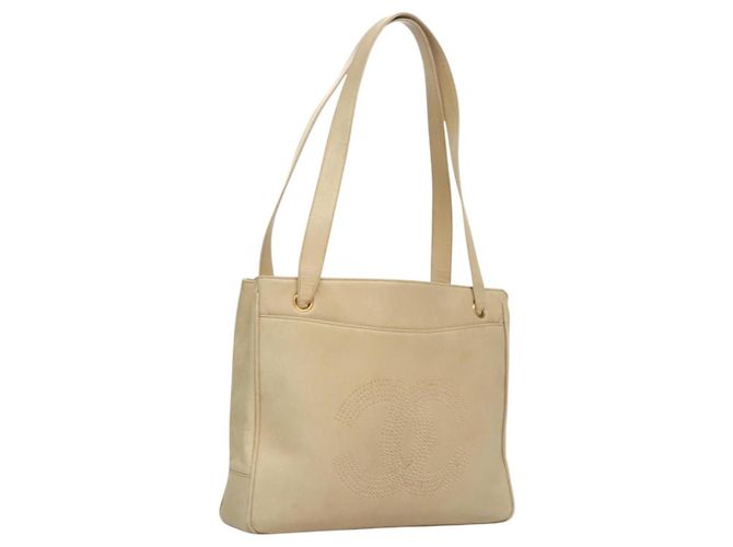 CHANEL COCO Bolsa de Hombro Mark de Piel de Cordero Beige Dorado CC Auth BA1376