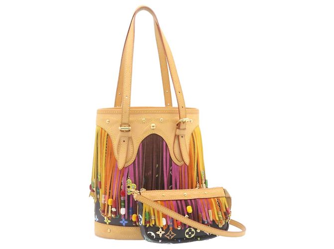 Bucket LOUIS VUITTON Monogramm Multicolor Eimerfransen Tasche Schwarz M40110 Auth 25649S