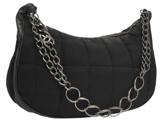 CHANEL Borsa a Spalla Choco Bar con Catena Nylon Nero Argento CC Auth 118385
