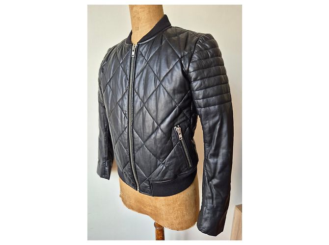 Steppjacke/Bomber, schwarzes Leder, Größe 2, SANDRO