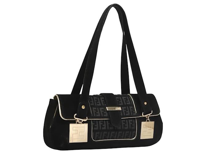 FENDI Zucchino Canvas Shoulder Bag Suede Black Auth 117694  ref.2167201
