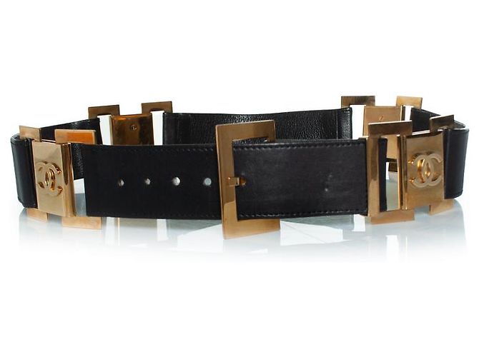 Chanel, vintage black leather logo belt Golden