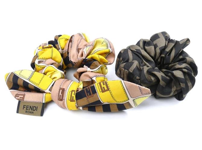 Fendi Silk Zucca Ribbon Motif Hair Scrunchies Brown Yellow  ref.2168012