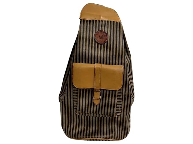 Fendi Pequin Shoulder Bag Brown Black Khaki Leather  ref.2169125