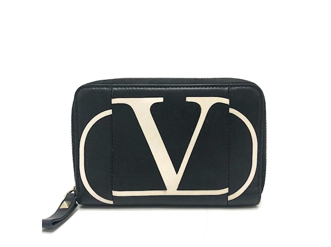Valentino V Logo Bi-Fold Wallet Black White Leather  ref.2169577