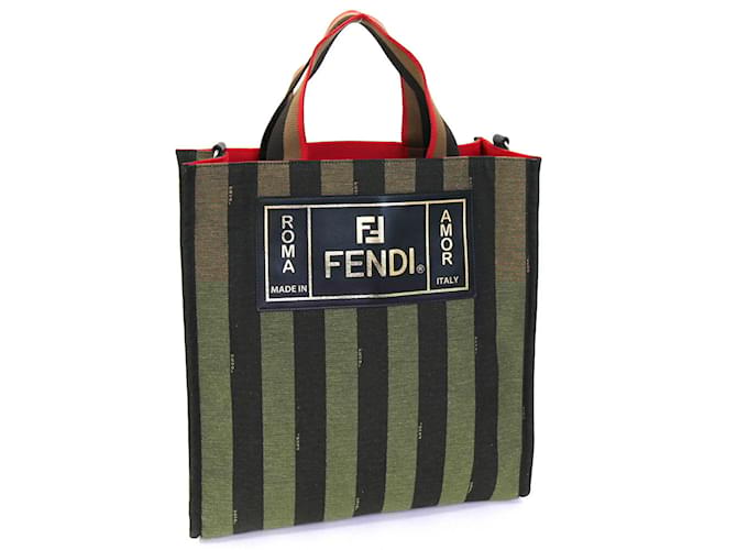 Fendi Hand Tote Bag Black Red Khaki Leather Cloth  ref.2171411