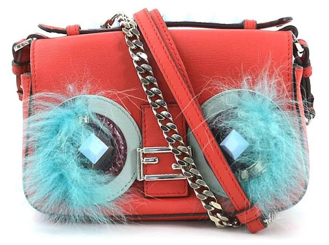 Fendi Micro Double Baguette Shoulder Bag Red Multiple colors Leather Fur  ref.2171623