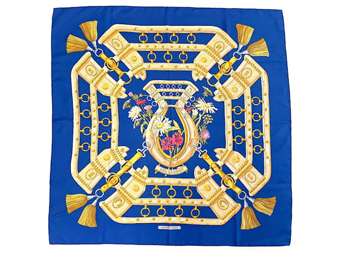Silk In Hermès Hermes Carre 90 AUX CHAMPS Field Scarf Blue  ref.2171674