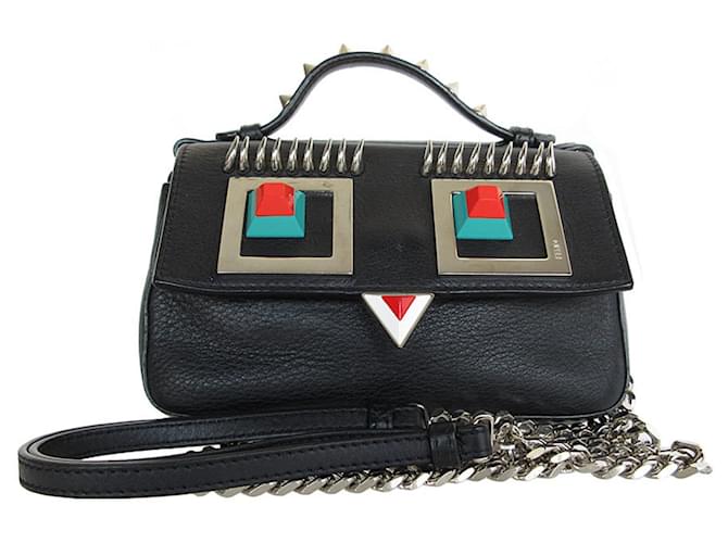 Fendi Double Micro Baguette Shoulder Bag Black Silvery Leather Metal  ref.2171721