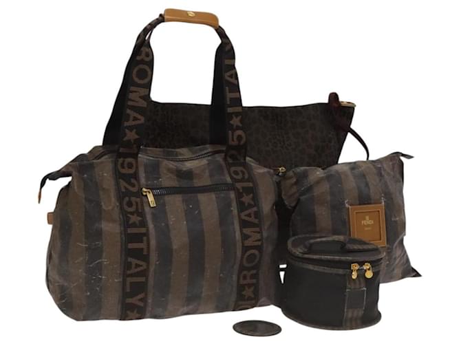 Pequin FENDI Pecan Canvas Leopard Tote Bag Coated Canvas 4Set Brown Black Auth bs24408 Cloth  ref.2171930