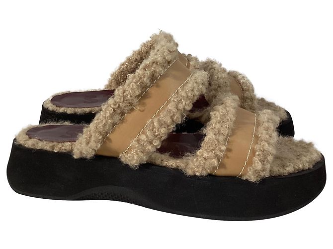 Staud Siesta Shearling Slide Sandals in Brown Leather Red