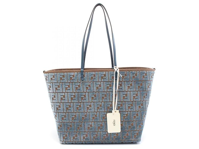 Fendi Leather × Jacquard Velvet LARGE ROLL Tote Bag 8BH425AT14F1NQ0 Blue  ref.2173021