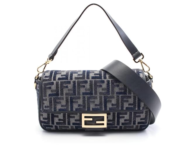 Fendi Chenille FF Baguette Medium 2way Bag 8BR600ASU0F1PQK Blue Leather  ref.2173022