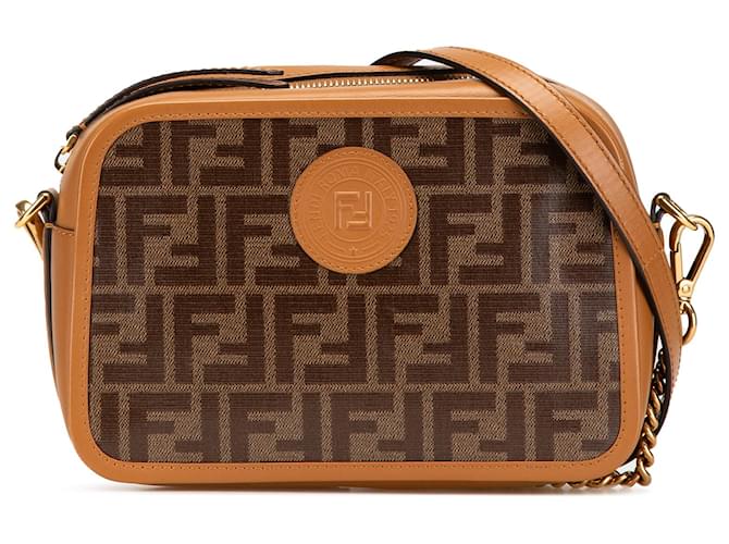 Fendi Brown Glazed Fabric Vitello Century FF 1974 Camera Bag Pony-style calfskin Cloth  ref.2173731
