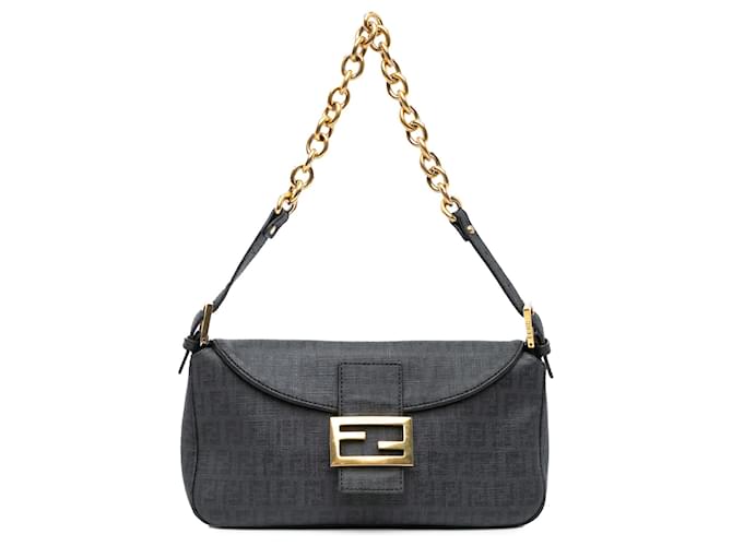 Fendi Black Zucchino Spalmati Double Flap Chain Shoulder Bag Pony-style calfskin Cloth  ref.2173745