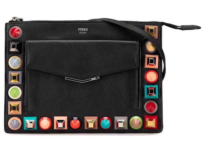 Fendi Black Mini 2Jours Studded Leather Vitello Dolce Crossbody Pony-style calfskin  ref.2173799