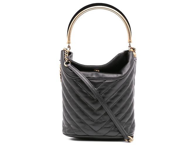 Borsa a secchiello chic in pelle di agnello trapuntata nera a zigzag con manico Chanel Nero