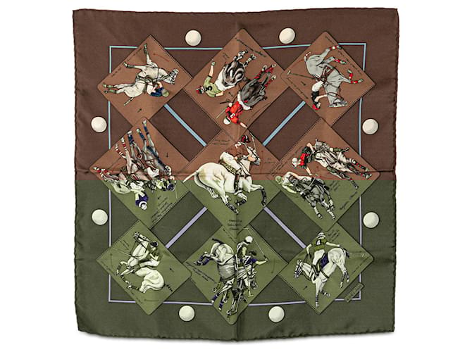 Hermès Brown Le Monde du Polo Pocket Square Silk Scarf Cloth  ref.2173971
