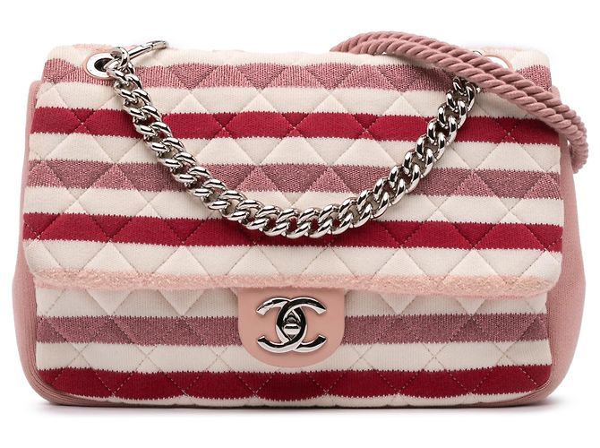 Chanel Rosa Jumbo Strisce Jersey Feltro e Corda Flap