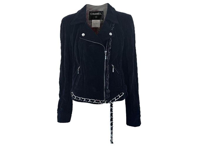 Chanel Jaqueta de motociclista de veludo preto com trim raro 40 FR
