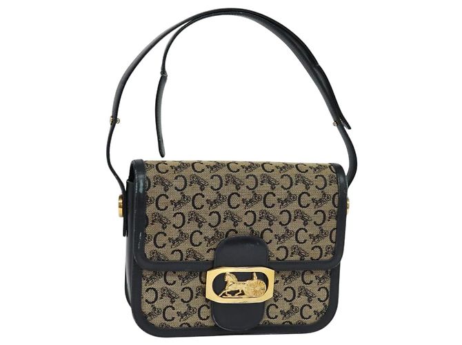 Céline Borsa a spalla CELINE C Sulky in tela blu navy e oro Auth BA1018 D'oro