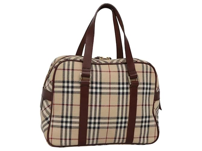 BURBERRY Nova Check Blue Label Hand Bag Canvas Beige Gold Auth 116499 Golden Cloth  ref.2174526