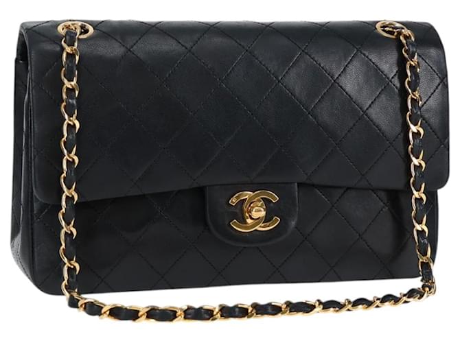 CHANEL Matelasse 25 Double Flap Chain Bag Lamb Skin Black Gold CC Auth yk17865A Golden  ref.2174554