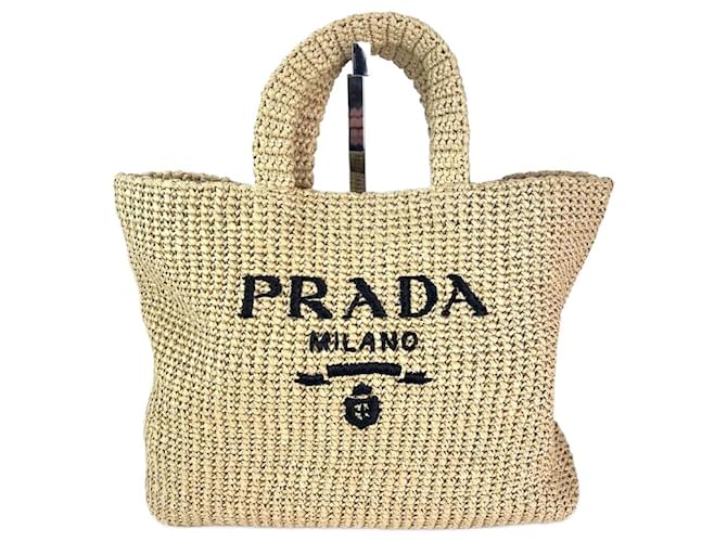 Prada Yarn Raffia Effect Crochet Embroidered Naturale Tote Bag Brown Cloth  ref.2174836