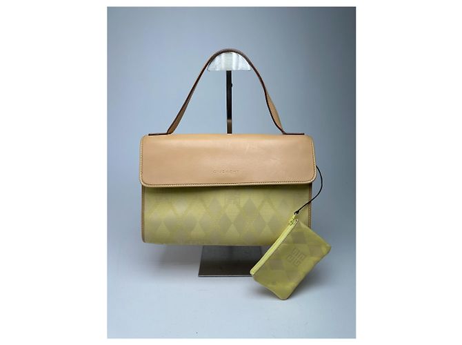 Sac monogramme en cuir et toile vintage Givenchy jaune marron