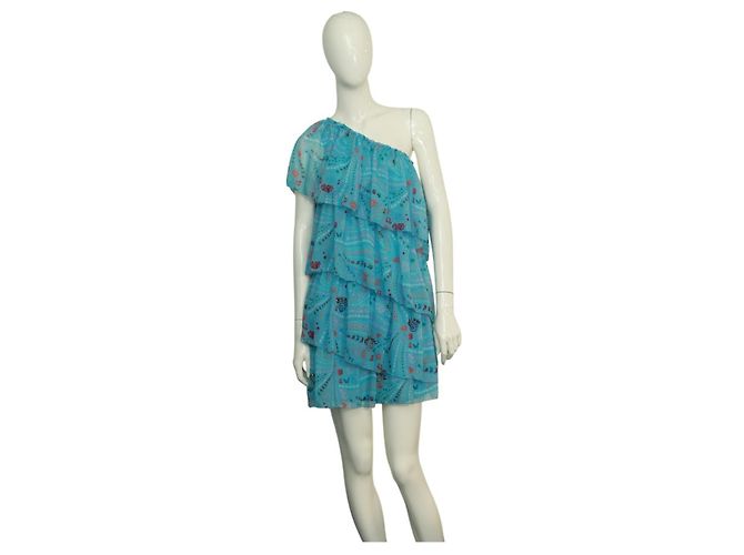 Zadig & Voltaire Risaly Print Mini-Kleid Blau mit Perlen und Ein-Schulter-Design XS