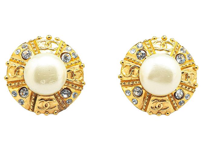 Chanel Gold Plated Runde Faux-Perlen Ohrringe mit Strass Clip-On Golden