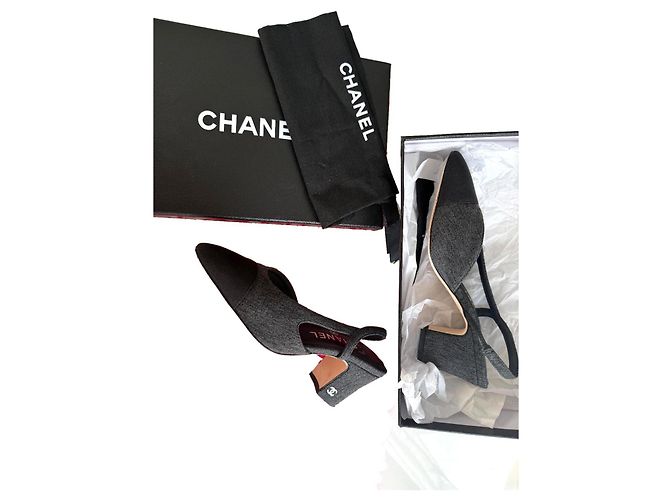 Cambon Chanel Slingback Heels Grey Denim