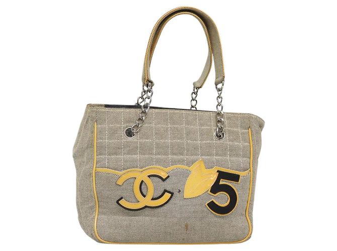 CHANEL Borsa Tote Choco Bar Canvas Beige Giallo CC Auth 116301