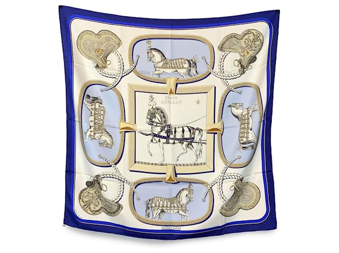 Hermès Hermes Vintage Blue Silk Grand Apparat Scarf 1962 Jacques Eudel  ref.2181493