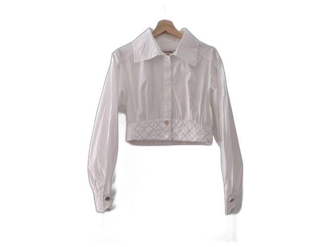 Chanel La Pausa Blusa in seta e cotone bianca a maniche lunghe Bianco
