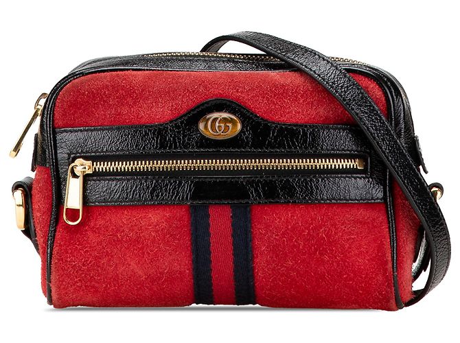 Gucci Mini Borsa a Tracolla Ophidia in Suede Rosso con Banda Web