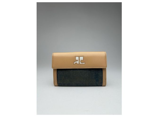 Vintage Courreges Leather Denim Wallet brown navy Beige