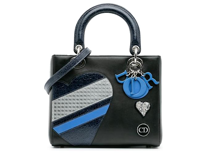 Dior Black Medium Calfskin Patent Embroidered Valentines Day Heart Lady Dior Leather Pony-style calfskin  ref.2185051