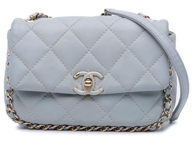 Chanel Cinza Mini Couro de Bezerro Corrente em Torno de Flap Marrom