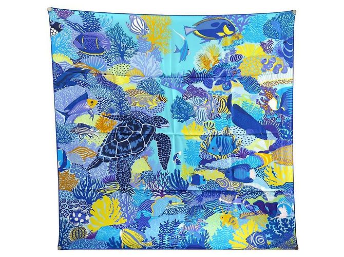 Hermès NOVO RARO LENÇO HERMES SOB AS ONDAS ALICE SHIRLEY SEDA AZUL CAIXA