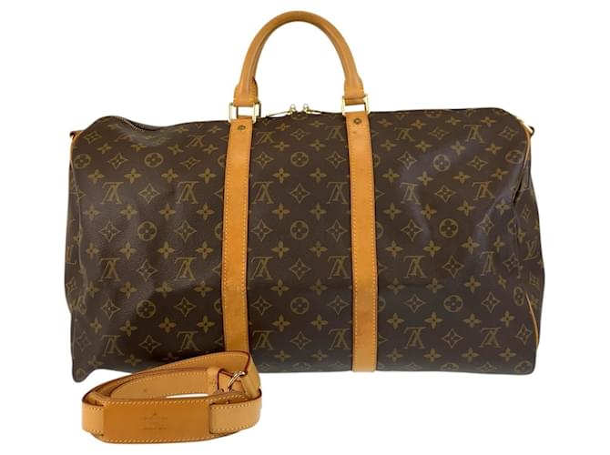 Louis Vuitton Monogram Keepall 50 Bandouliere Brown Leather Plastic  ref.2186701