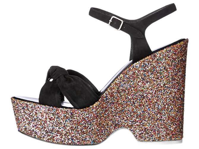 Sandali con zeppa Saint Laurent Suede Nero e Glitter Multicolore