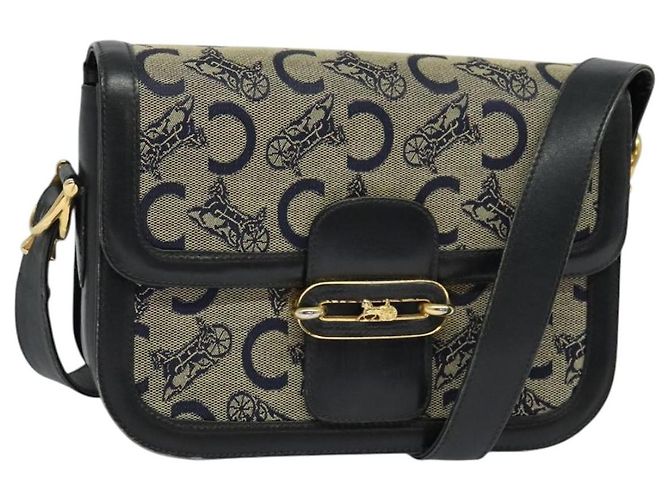 Céline Borsa a spalla CELINE C Sulky in tela blu navy e oro Auth BA1378 D'oro